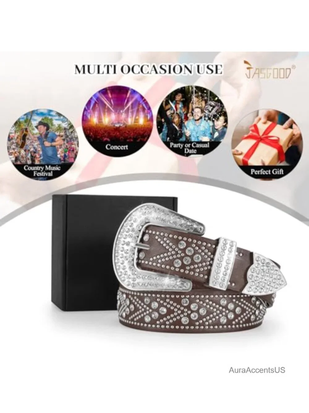 Rhinestone Studded Faux Leather Western Belt Detachable Buckle Unisex Plus Size